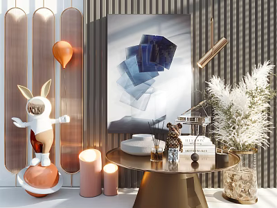 Decorative Ornaments Set With Bunny Figurine Candles Vase Artwork And Plants For Modern Home Decor 3d model