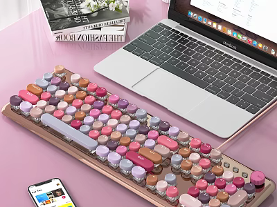 Stylish Laptop Desktop Setup With Colorful Mechanical Keyboard Smartphone And Books 3d model