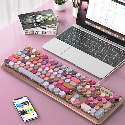 Stylish Laptop Desktop Setup With Colorful Mechanical Keyboard Smartphone And Books 3d model