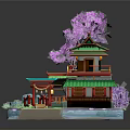 Cartoon Scenery With Purple Cherry Blossom Tree Green Traditional Building Red Bridge And Pond