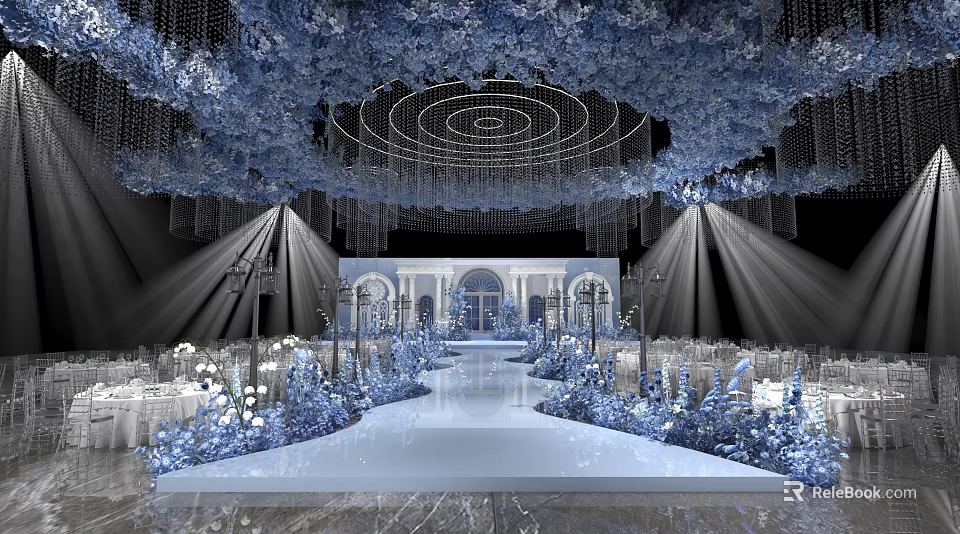 Elegant Banquet Hall With Blue Floral Decor Chandeliers White Carpet Symmetrical Arrangement And Lighting Effects 3d model 