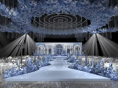 Elegant Banquet Hall With Blue Floral Decor Chandeliers White Carpet Symmetrical Arrangement And Lighting Effects 3d model