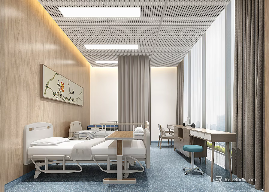 Modern Hospital Ward Interior With Two Beds Table Chairs Windows And Decorative Painting 3d model 