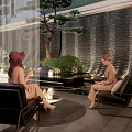 Garden Landscape in Modern Building With Glass Windows Pine Trees Water Feature And Stone Floor
