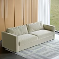 Light Beige Upholstered Two-Seater Sofa In Modern Interior With Wooden Wall And Grass View