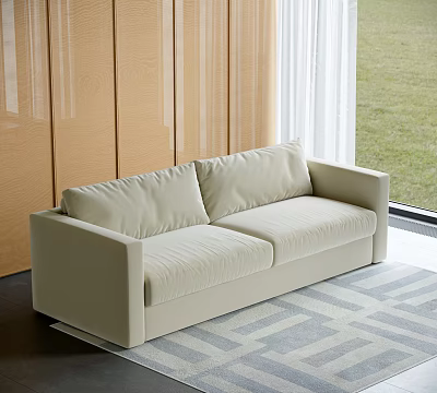 Light Beige Upholstered Two-Seater Sofa In Modern Interior With Wooden Wall And Grass View 3d model