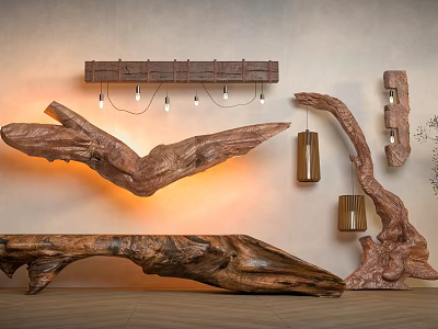 Natural Wooden Branch Floor Lamp With Hanging Bulbs Against Neutral Wall 3d model