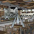 Modern Restaurant Interior With Wooden Ceiling Tables Chairs Decorative Wall And Warm Lighting