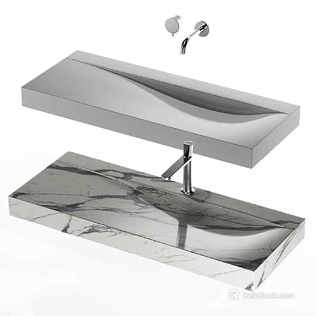 Sleek Modern Marble and Metal Rectangular Washbasin with Chrome Faucet 3d model 