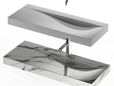 Sleek Modern Marble and Metal Rectangular Washbasin with Chrome Faucet 3d model