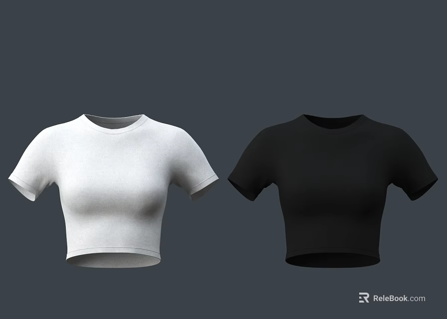 White and Black Short Sleeve Crop Tops with Fitted Slim Design 3d model 