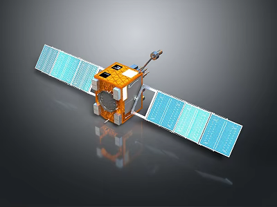 Orbital Satellite With Orange Body And Blue Solar Panels For Space Exploration 3d model