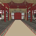 Ancient Architecture Interior With Red Beams Columns Traditional Decorations Wooden Tables And Mats On Floor