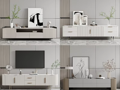 Modern White TV Stand With Drawers Paintings Plants And TV On Top 3d model
