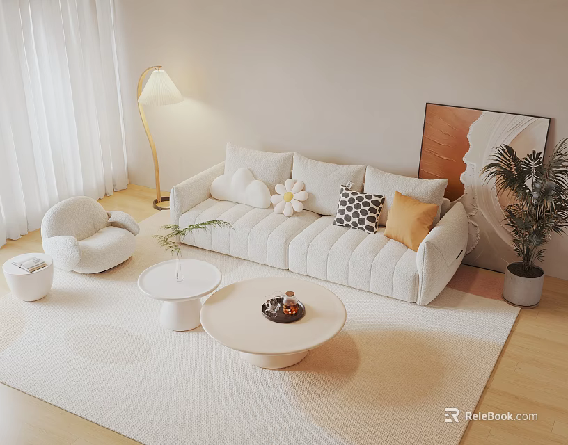 Minimalist White Sofa and Coffee Table Set with Throw Pillows Round Table and Floor Lamp 3d model 