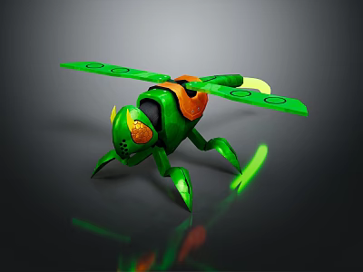 Green Futuristic Mechanical Insect Creature With Transparent Wings And Glowing Orange Accents 3d model