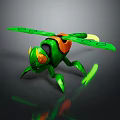 Green Futuristic Mechanical Insect Creature With Transparent Wings And Glowing Orange Accents