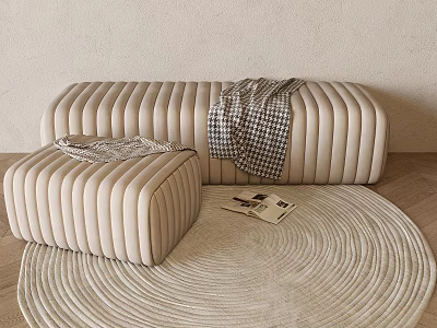 Beige Ribbed Sofa Bench With Small Footstool And Plaid Blanket On Round Rug 3d model