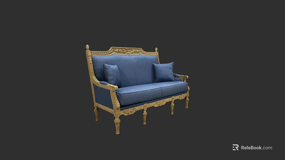 Classical Blue Sofa Set With Gold Carved Frame And Decorative Cushions 3d model 