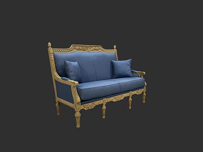 Classical Blue Sofa Set With Gold Carved Frame And Decorative Cushions 3d model