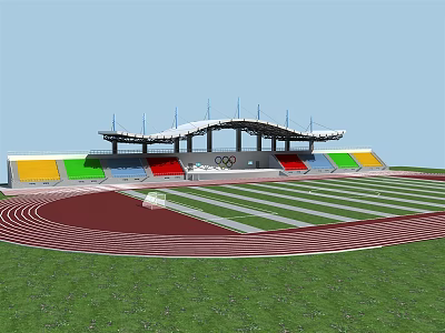 Stadium Football Field With Running Track Colorful Seats Green Grass And Stands 3d model