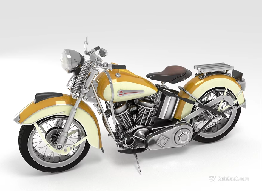 Vintage Yellow and White Motorcycle with Round Headlight Black Seat and Chrome Accents 3d model 