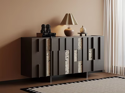 Modern Entryway Console Cabinet with Geometric Panels Table Lamp Sculptures Books and Vase 3d model