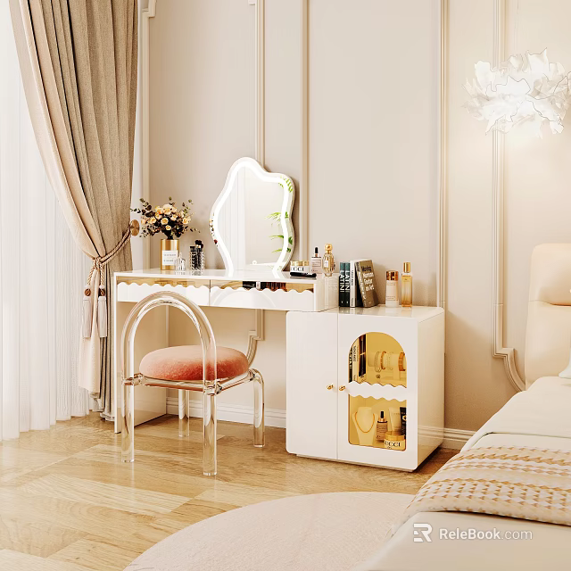 White Modern Dressing Table with Mirror Cosmetics Flower Vase and Chair in Elegant Bedroom Decor 3d model 