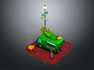 Green Food Truck With Banana Decorations Street Lamp Banana St Avenue Sign Small Table Chair 3d model