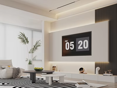 Modern Living Room With White Sofa TV Digital Clock Palm Plant Black And White Rug 3d model