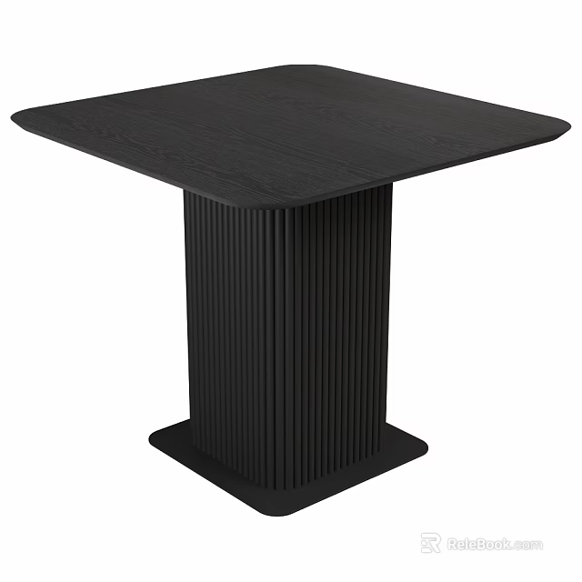 Modern Black Dining Table With Square Top And Vertical Striped Cylindrical Base 3d model 
