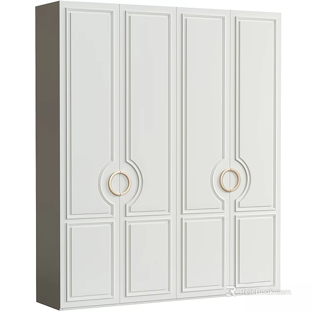 Modern Style White Cabinet With Golden Ring Handles And Decorative Panel Design 3d model 