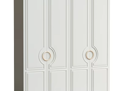 Modern Style White Cabinet With Golden Ring Handles And Decorative Panel Design 3d model