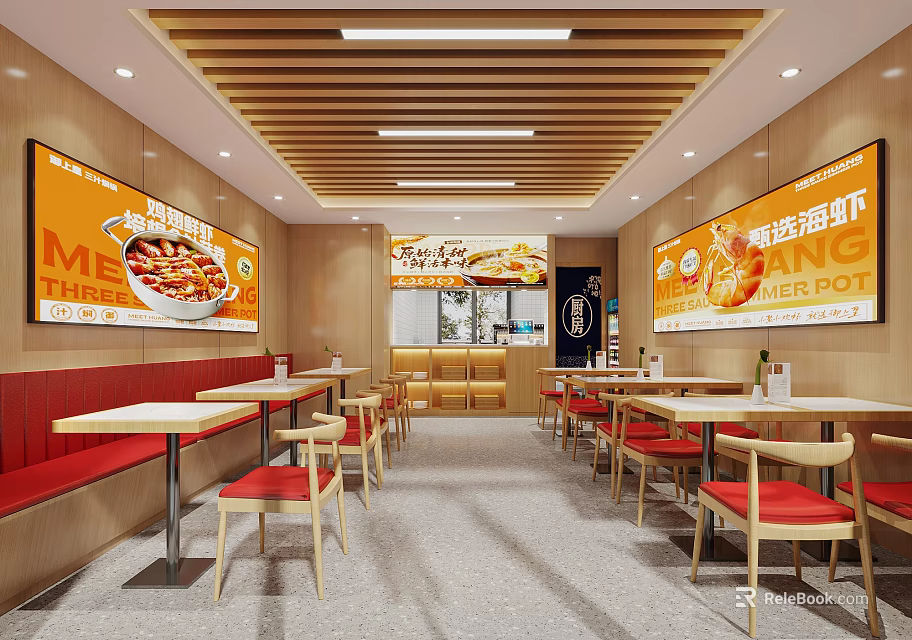 Bright Restaurant Interior With Red Seats Wooden Ceiling Orange Billboards And Food 3d model 