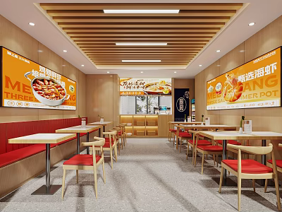 Bright Restaurant Interior With Red Seats Wooden Ceiling Orange Billboards And Food 3d model
