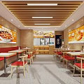 Bright Restaurant Interior With Red Seats Wooden Ceiling Orange Billboards And Food