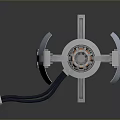 Shiny Metallic Mechanical Mechanism With Multiple Metal Arms Cylindrical Core And Black Cable