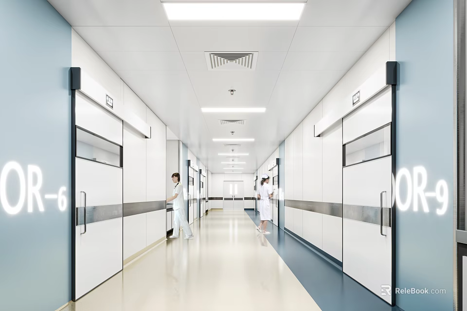 Hospital Elevator Hallway With White Doors Medical Staff And Bright Lighting 3d model 