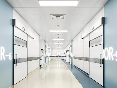 Hospital Elevator Hallway With White Doors Medical Staff And Bright Lighting 3d model