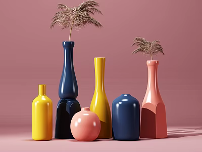 Colorful Decorative Vases With Plants In Various Shapes On Pink Background 3d model