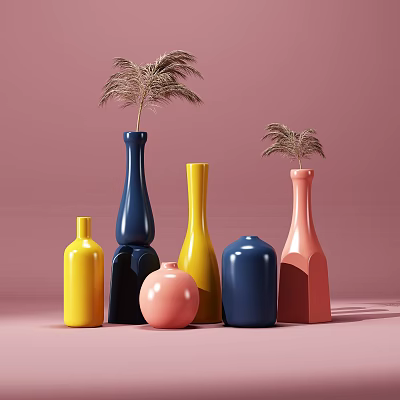 Colorful Decorative Vases With Plants In Various Shapes On Pink Background 3d model