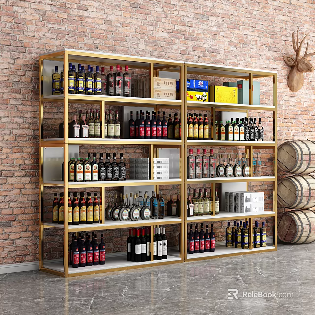 Gold Metal Storage Rack with Multiple Tiers Holding Various Wine Bottles in Brick Cellar 3d model 