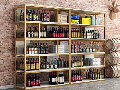Gold Metal Storage Rack with Multiple Tiers Holding Various Wine Bottles in Brick Cellar 3d model