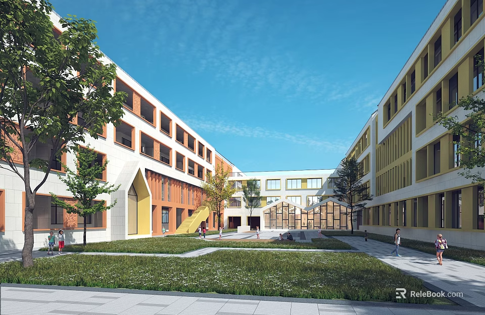 Modern School Campus With Multiple Classroom Buildings Green Courtyard Lawn And Trees 3d model 