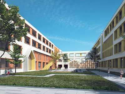 Modern School Campus With Multiple Classroom Buildings Green Courtyard Lawn And Trees 3d model