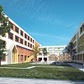 Modern School Campus With Multiple Classroom Buildings Green Courtyard Lawn And Trees