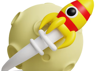 Yellow Toy Rocket With Red Stripes And White Parts On Moon Background 3d model
