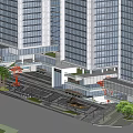 Modern Glass Facade Skyscrapers In Urban Cityscape With Green Landscape And Blue Sky