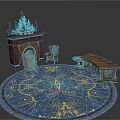 Ornate Wooden Fireplace Interior With Blue Patterned Rug Chairs And Long Table