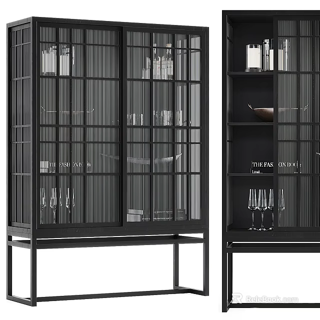 Modern Black Frame Display Cabinet With Glass Doors Wine Glasses And Decorative Items 3d model 
